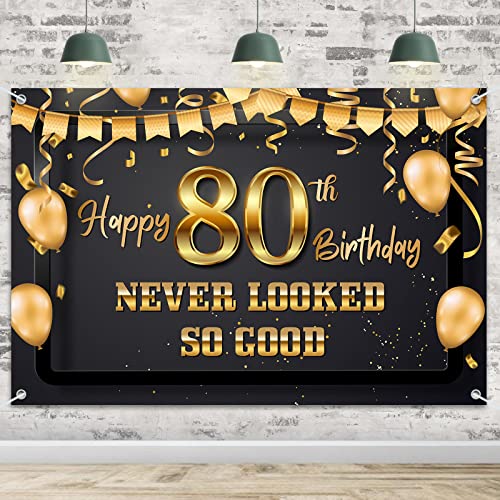 HAMIGAR 6x4ft 80 Never Looked So Good Banner Backdrop - Funny Happy 80th Birthday Decorations Party Supplies for Men Women - Black Gold