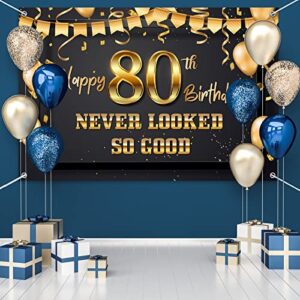 HAMIGAR 6x4ft 80 Never Looked So Good Banner Backdrop - Funny Happy 80th Birthday Decorations Party Supplies for Men Women - Black Gold