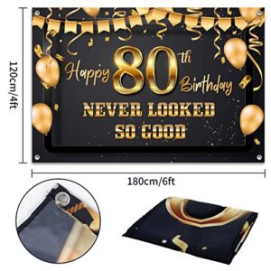 HAMIGAR 6x4ft 80 Never Looked So Good Banner Backdrop - Funny Happy 80th Birthday Decorations Party Supplies for Men Women - Black Gold