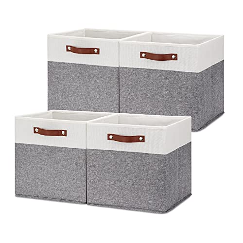 HNZIGE Foldable Storage Bins 13x13 Storage Cubes Set of 4 Fabric Linen Storage Baskets for Shelves Drawer with Handles Organizer for Shelves Toy Nursery Closet Bedroom