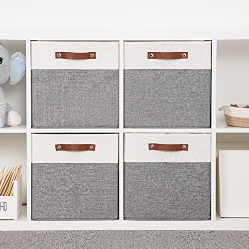 HNZIGE Foldable Storage Bins 13x13 Storage Cubes Set of 4 Fabric Linen Storage Baskets for Shelves Drawer with Handles Organizer for Shelves Toy Nursery Closet Bedroom