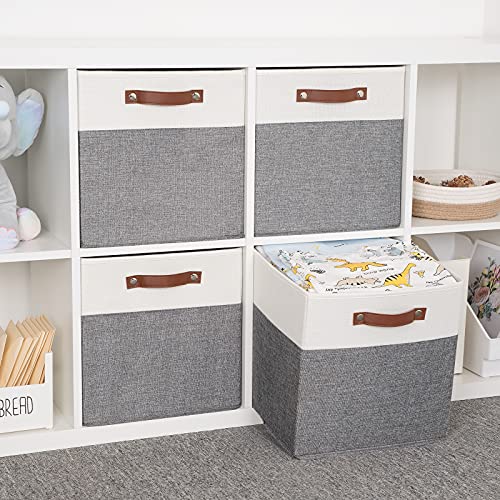 HNZIGE Foldable Storage Bins 13x13 Storage Cubes Set of 4 Fabric Linen Storage Baskets for Shelves Drawer with Handles Organizer for Shelves Toy Nursery Closet Bedroom