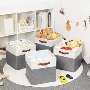 HNZIGE Foldable Storage Bins 13x13 Storage Cubes Set of 4 Fabric Linen Storage Baskets for Shelves Drawer with Handles Organizer for Shelves Toy Nursery Closet Bedroom