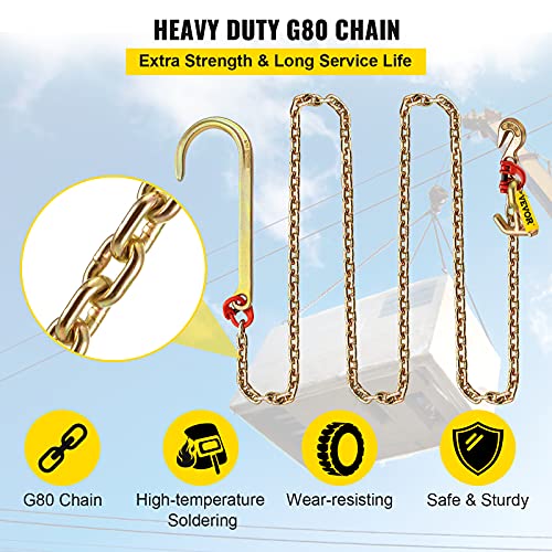 VEVOR J Hook Chain, 5/16 in x 10 ft Tow Chain Bridle, Grade 80 J Hook Transport Chain, 9260 Lbs Break Strength with JT Hook & Grab Hook, Tow Hooks for Trucks, Heavy Duty J Hook and Chain Shorteners