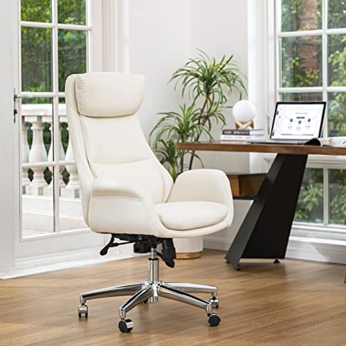 glitzhome Modern Executive Home High-Back Office Chair - Leather Adjustable Swivel Desk Chair with Armrest(Cream)