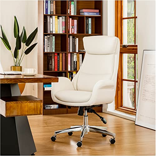 glitzhome Modern Executive Home High-Back Office Chair - Leather Adjustable Swivel Desk Chair with Armrest(Cream)