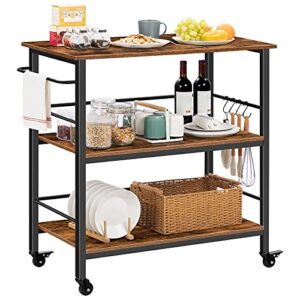 HOOBRO Kitchen Island with Storage,Industrial Kitchen Counter with Hooks and Side Enclosures, 3 Tier Kitchen Cart with Large Workstation, Saving Space, Easy Assembly, Rustic Brown and Black BF03ZD01