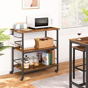 HOOBRO Kitchen Island with Storage,Industrial Kitchen Counter with Hooks and Side Enclosures, 3 Tier Kitchen Cart with Large Workstation, Saving Space, Easy Assembly, Rustic Brown and Black BF03ZD01