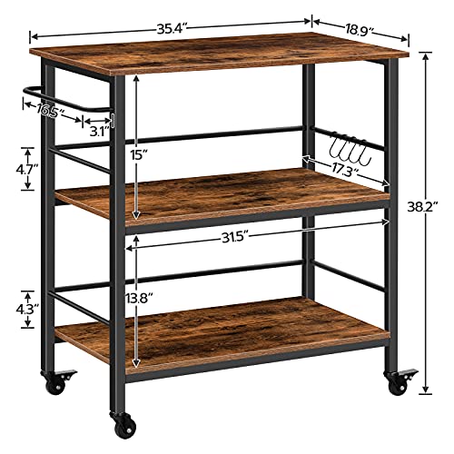 HOOBRO Kitchen Island with Storage,Industrial Kitchen Counter with Hooks and Side Enclosures, 3 Tier Kitchen Cart with Large Workstation, Saving Space, Easy Assembly, Rustic Brown and Black BF03ZD01