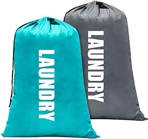 Bbzeal 2 Pack XL Travel Laundry Bags, Machine Washable Dirty Clothes Organizer,with Drawstring Closure,Light Blue and Grey