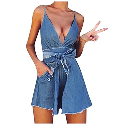 WYTong Women's V Neck Denim Dresses Summer Casual Jumpsuits Solid Color With Sexy Bag Hip Bench Party Dress(Blue,Small)