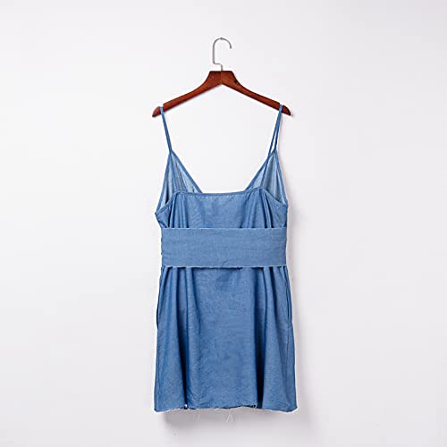 WYTong Women's V Neck Denim Dresses Summer Casual Jumpsuits Solid Color With Sexy Bag Hip Bench Party Dress(Blue,Small)