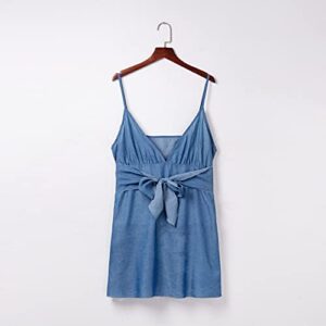 WYTong Women's V Neck Denim Dresses Summer Casual Jumpsuits Solid Color With Sexy Bag Hip Bench Party Dress(Blue,Small)