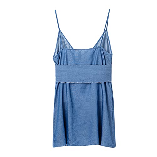 WYTong Women's V Neck Denim Dresses Summer Casual Jumpsuits Solid Color With Sexy Bag Hip Bench Party Dress(Blue,Small)