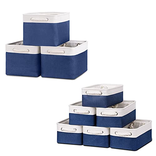 Bidtakay Baskets Set Fabric Storage Bins-Navy Blue Bundled Baskets of 3 Medium Baskets 15" X 11" X 9.5" + 6 Small Baskets 11.8" X 7.8" X 5" for Closet, Shelves