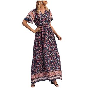 wytong women’s dresses summer casual dress sexy v neck short sleeves floral flowy pleated beach maxi dress(navy,small)