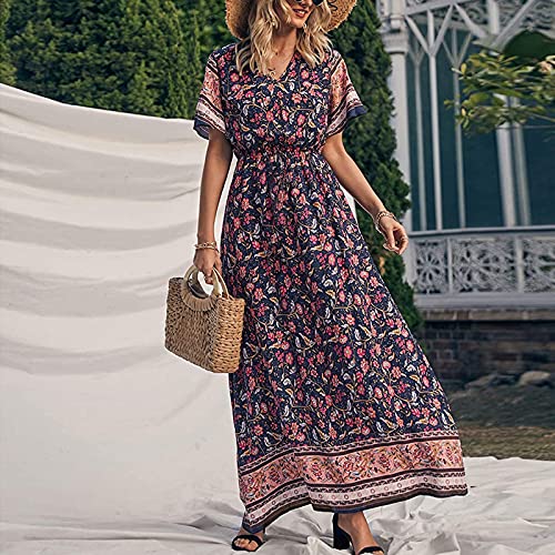 WYTong Women’s Dresses Summer Casual Dress Sexy V Neck Short Sleeves Floral Flowy Pleated Beach Maxi Dress(Navy,Small)