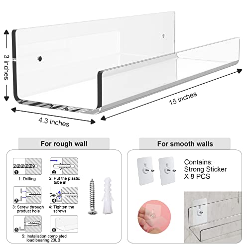 15 inch Clear Acrylic Floating Wall Ledge Shelf Display,6pcs Wall Mounted Nursery Kids Bookshelf Invisible Spice Rack, Bathroom Storage Shelves Display for Bedroom Office Toy Picture Ledge, 5MM Thick