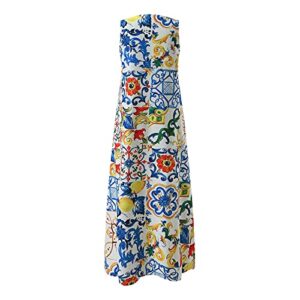 WYTong Women Dresses Sleeveless Print V-neck Maxi Dress Summer Party Cami Dress Long Dresses With Pockets(Blue,Small)