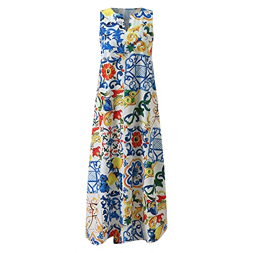 WYTong Women Dresses Sleeveless Print V-neck Maxi Dress Summer Party Cami Dress Long Dresses With Pockets(Blue,Small)