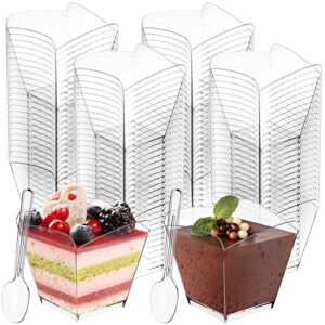 zenfun 100 pack dessert cups with spoons, 3.5 oz square mini dessert pudding cups, clear plastic parfait appetizer cups for mousse cake, parties, wedding, tasting