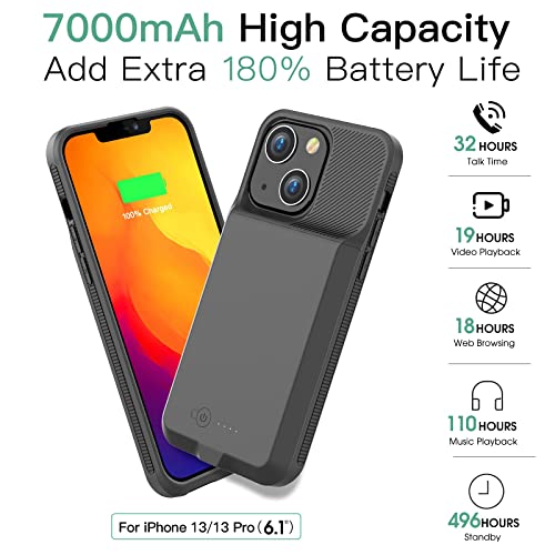 GIN FOXI Battery Case for iPhone 13&13Pro, Real 7000mAh Ultra-Slim Battery Charging Case Rechargeable Anti-Fall Protection Extended Charger Cover for iPhone 13&13Pro Battery Case(6.1 inch) Black