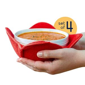 House and Hash - Bowl Holder Warmers  to Keep Food Warm and Your Hands Cool, Made of Microfiber Heat Resistant Fabric for Safe Grabs, Microwavable Bowl Holders, Set of 4 (4, Red)