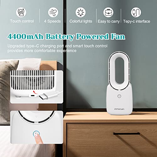 INMORVEN 4400mAh Bladeless Fan, Portable Desk Fan with Night Light, 11.8 Inch Personal Cooling Fan with 4-Speed Options, Small Desktop Rechargeable Quiet Table Fan for Home Bedroom Office