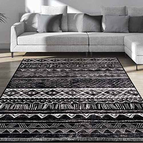 Calore Modern Faux Wool Area Rug Large Non-Slip Washable Living Room Rug Boho Neutral Indoor Carpet for Bedroom Dining Room (Black and White, 6.7'x8.2')