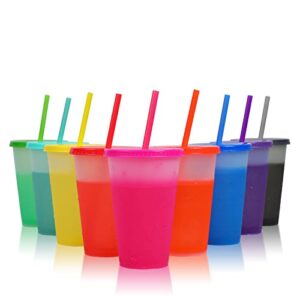 color changing cups with lids & straws - 16 oz cute reusable plastic tumblers bulk | 9 pack party funny tumbler ice cold drinking cup for kids & adults