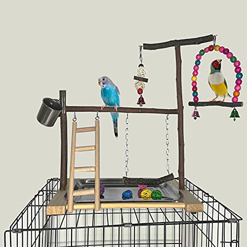 Bird Playground Parrot Playstand Parakeet Gym Playpen Cockatiel Play Stand Wood Perch Exercise Activity Center Ladders Feeder Cups Cage Accessories Swing Chew Toys for Cockatoo Budgie Lovebird Finch