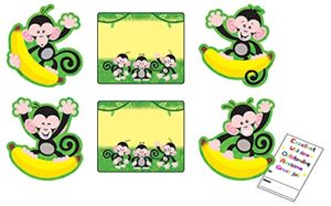 monkey cutouts and monkey name tags for classroom - monkeys and banana themed bulletin board cutout, name tag, mini reward card set | for wall border decor, paper crafts, jungle party decorations