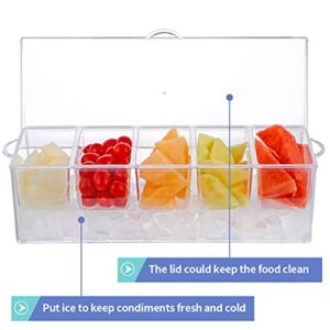 MOLIGOU Condiment Server on Ice, Chilled Caddy with 5 Removable Compartments, Chilled Serving Tray Container with Hinged Lid, 3 Serving Spoons and 3 Tongs Included