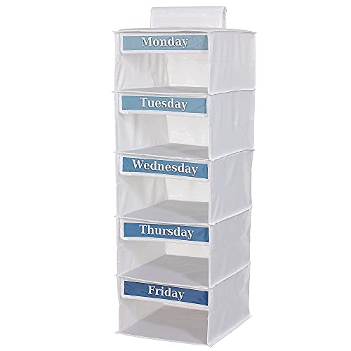 5-Shelf Weekly Clothes Organizer for Kids (33”) Weekday Clothes Organizer for Kids I School Clothes Organizer I Day of the Week Clothes Organizer for Kids I Monday through Friday Clothes Organizer