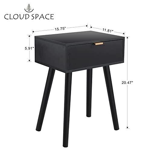 Cloud Space Mid Century Modern Nightstand, Black End Table with a Storage Drawer, Versatile Wood Side Table for Bedroom, Living Room, Lounge, Stable and Sturdy Design