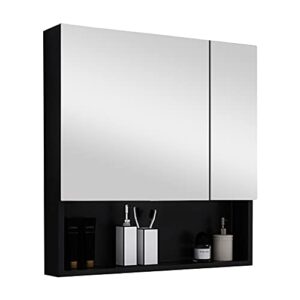 prosfalt 28x24in mirror medicine cabinets with double doors, space aluminum wall mounted storage cabinets for bathroom, waterproof and rust-resist, recess or surface mount - black,353653765