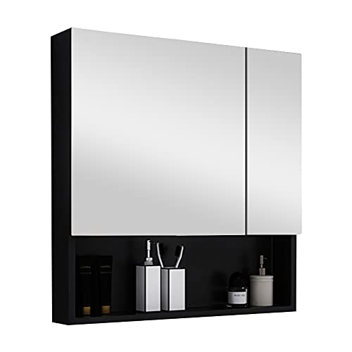 prosfalt 28x24in Mirror Medicine Cabinets with Double Doors, Space Aluminum Wall Mounted Storage Cabinets for Bathroom, Waterproof and Rust-Resist, Recess or Surface Mount - Black,353653765