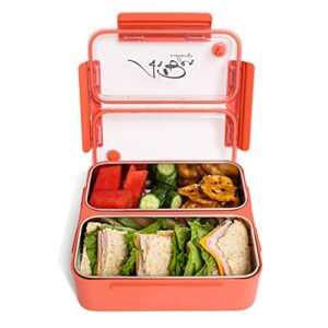modern bento box adult lunch box for women, men and teens; lunch container with two compartments and reusable fork; portable, leak proof and holds 37oz; dishwasher, microwave and freezer safe