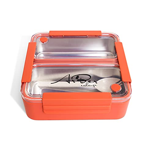 Modern Bento Box Adult Lunch Box for Women, Men and Teens; Lunch Container with Two Compartments and Reusable Fork; Portable, Leak Proof and Holds 37oz; Dishwasher, Microwave and Freezer Safe