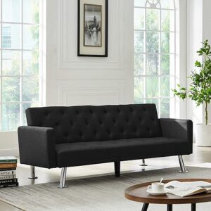 Modern Convertible Folding Futon Sofa Bed, Black Fabric Sleeper Sofa Couch for Compact Living Space.