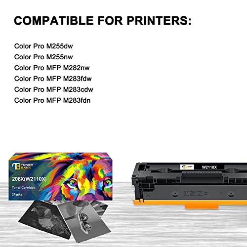 Toner Bank Compatible Toner Cartridge Replacement for HP 206X W2110X 206A W2110a for HP Laserjet Pro MFP M283FDW M255DW M283CDW M283 M255 Black Printer Ink (2-Pack, High Yield)