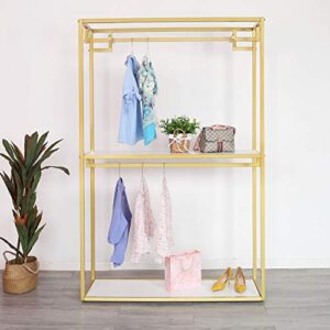fonechin metal clothes display rack free standing garment clothing rack with wooden shelves cover heavy duty closet hanging rack gold,59"