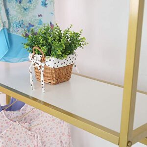 FONECHIN Metal Clothes Display Rack Free Standing Garment Clothing Rack with Wooden Shelves Cover Heavy Duty Closet Hanging Rack Gold,59"