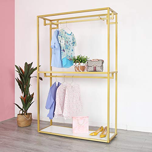 FONECHIN Metal Clothes Display Rack Free Standing Garment Clothing Rack with Wooden Shelves Cover Heavy Duty Closet Hanging Rack Gold,59"