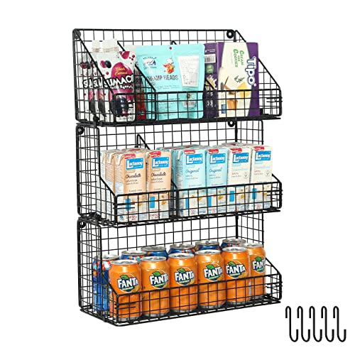 3 Tier Stackable Tea Bag Organizer with 3 Divinder 5 Hooks Metal Wire Basket Snack Rack Holder Countertop Caddy Bin Wall Mount Shelf for Office Kitchen Cabinet Pantry Patent Pending