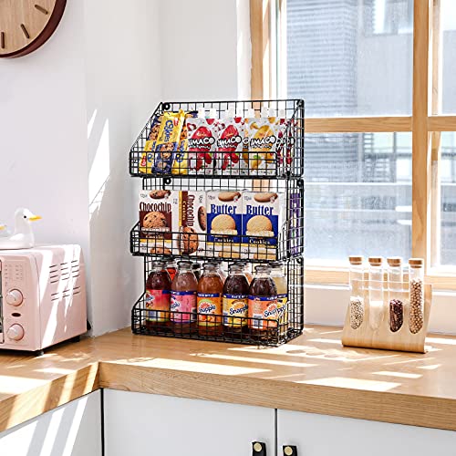 3 Tier Stackable Tea Bag Organizer with 3 Divinder 5 Hooks Metal Wire Basket Snack Rack Holder Countertop Caddy Bin Wall Mount Shelf for Office Kitchen Cabinet Pantry Patent Pending