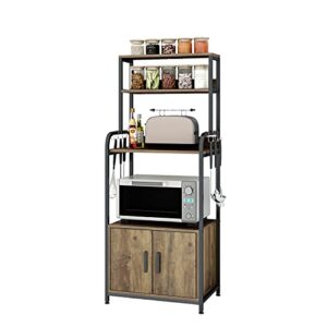 urkno kitchen baker's rack with hutch and storage cabinet, 4-tier industrial kitchen microwave oven stand with 6 s-hooks, free standing kitchen pantry cabinets, easy assembly, rustic brown