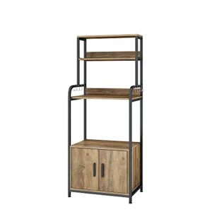 URKNO Kitchen Baker's Rack with Hutch and Storage Cabinet, 4-Tier Industrial Kitchen Microwave Oven Stand with 6 S-Hooks, Free Standing Kitchen Pantry Cabinets, Easy Assembly, Rustic Brown