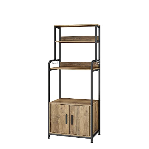 URKNO Kitchen Baker's Rack with Hutch and Storage Cabinet, 4-Tier Industrial Kitchen Microwave Oven Stand with 6 S-Hooks, Free Standing Kitchen Pantry Cabinets, Easy Assembly, Rustic Brown