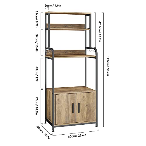 URKNO Kitchen Baker's Rack with Hutch and Storage Cabinet, 4-Tier Industrial Kitchen Microwave Oven Stand with 6 S-Hooks, Free Standing Kitchen Pantry Cabinets, Easy Assembly, Rustic Brown